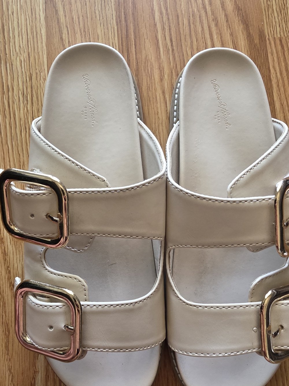 Universal Thread Cream Double-Buckle Slide Sandals with Gold Buckles